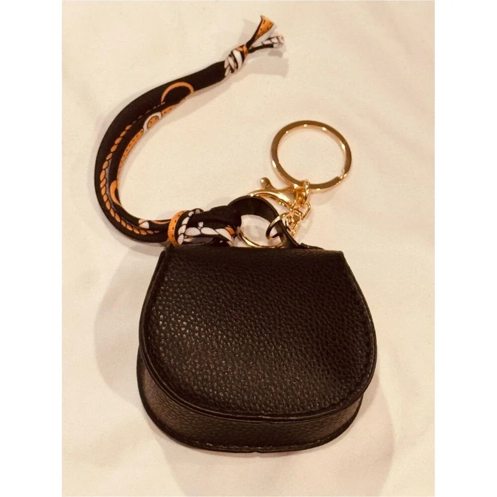 NWT Black Pebbled Mini Saddle Bag Charm Keychain with Twilly Scarf